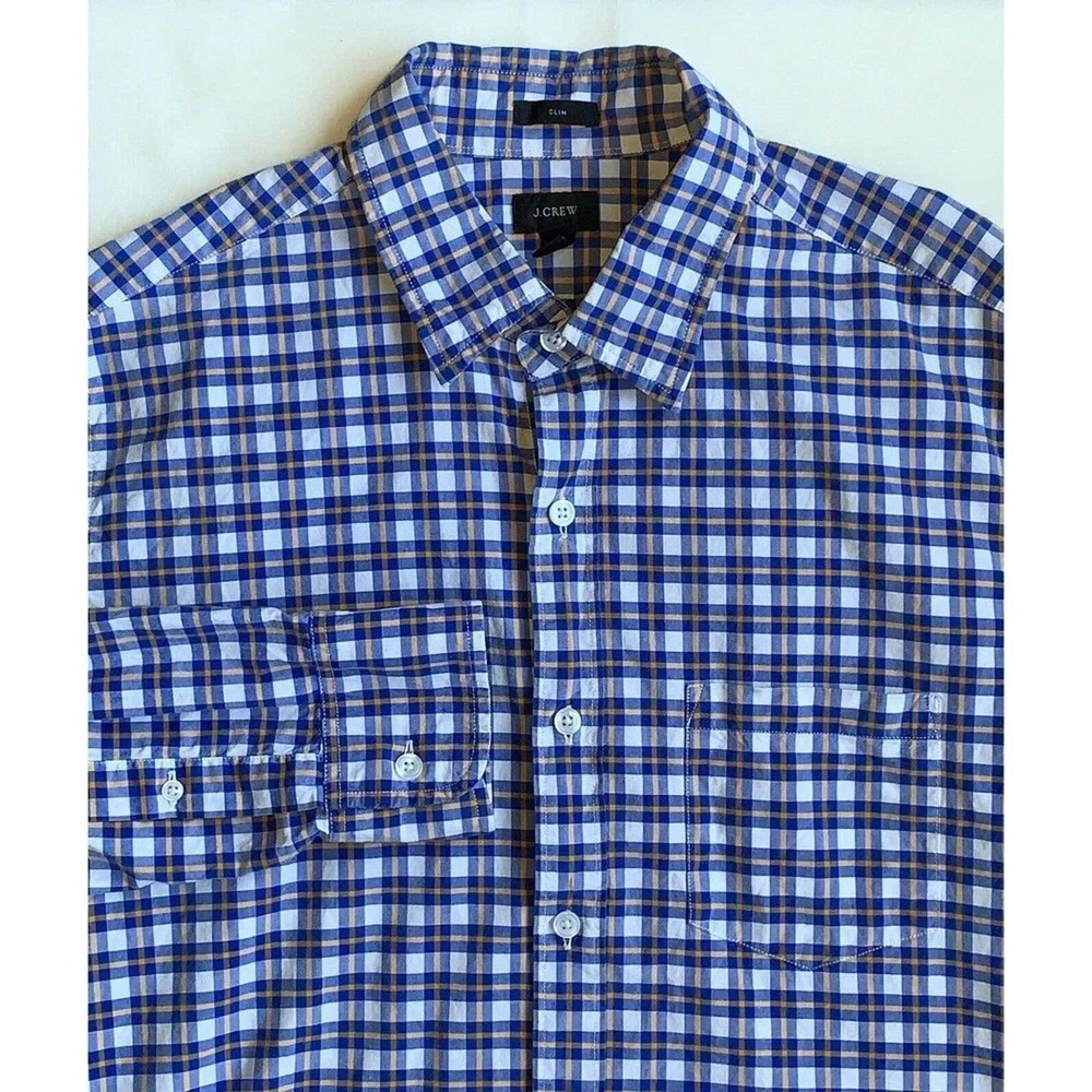 J.Crew Men's M Slim-Fit‎ Blue,Yellow & White Plaid LS BF 100% Cotton Shirt